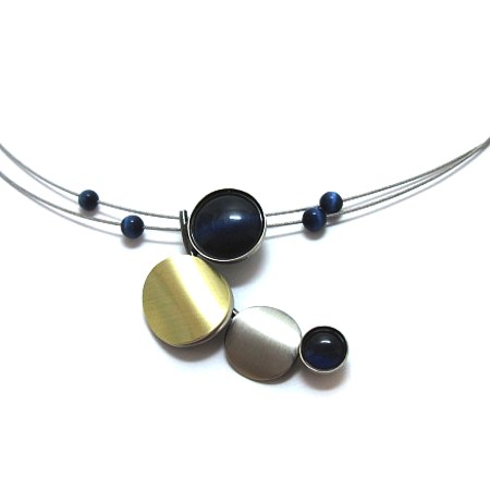 Navy Blue Catsite Stacked Circles Necklace - Crono Design - Click Image to Close